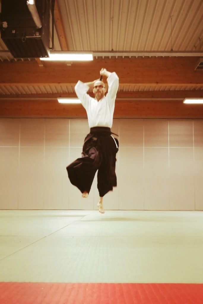 Edwin doing Tengu Tobi Giri with bokken in Aikido
